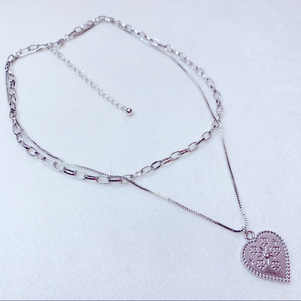 ❣️$25/3❣️ Sliver Plated Heart Pendant Double Chains Necklace - Picture 11 of 14